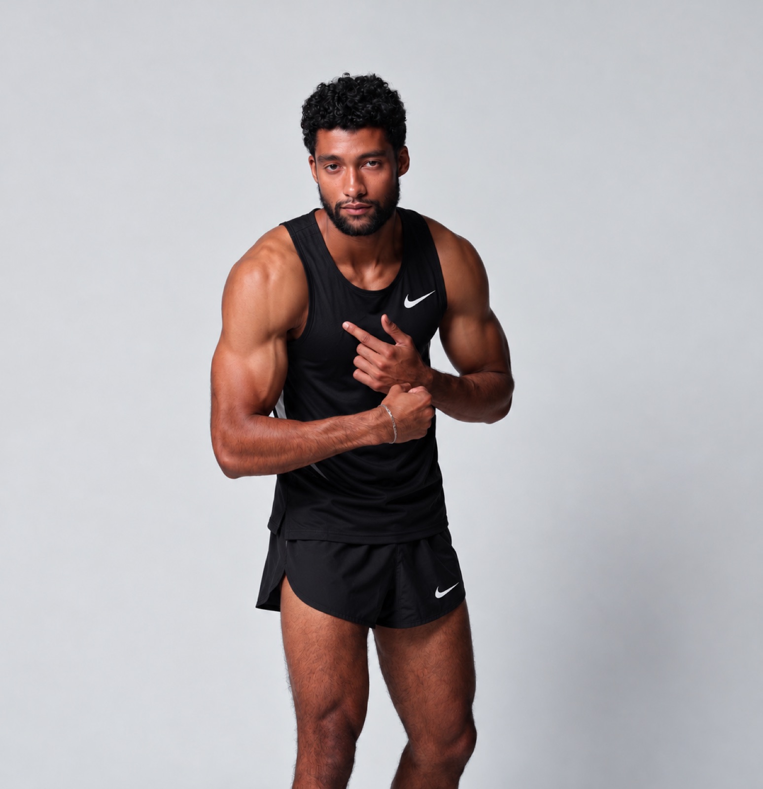 Andrew in a racing singlet, pointing at the camera